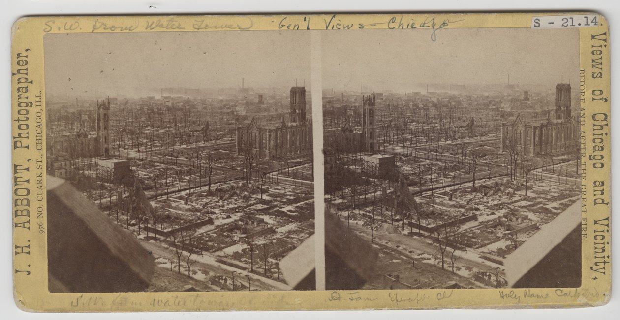 Stereografia widoku na południowy zachód od Water Tower po pożarze w Chicago w 1871 r. autorstwa J. H. Abbott