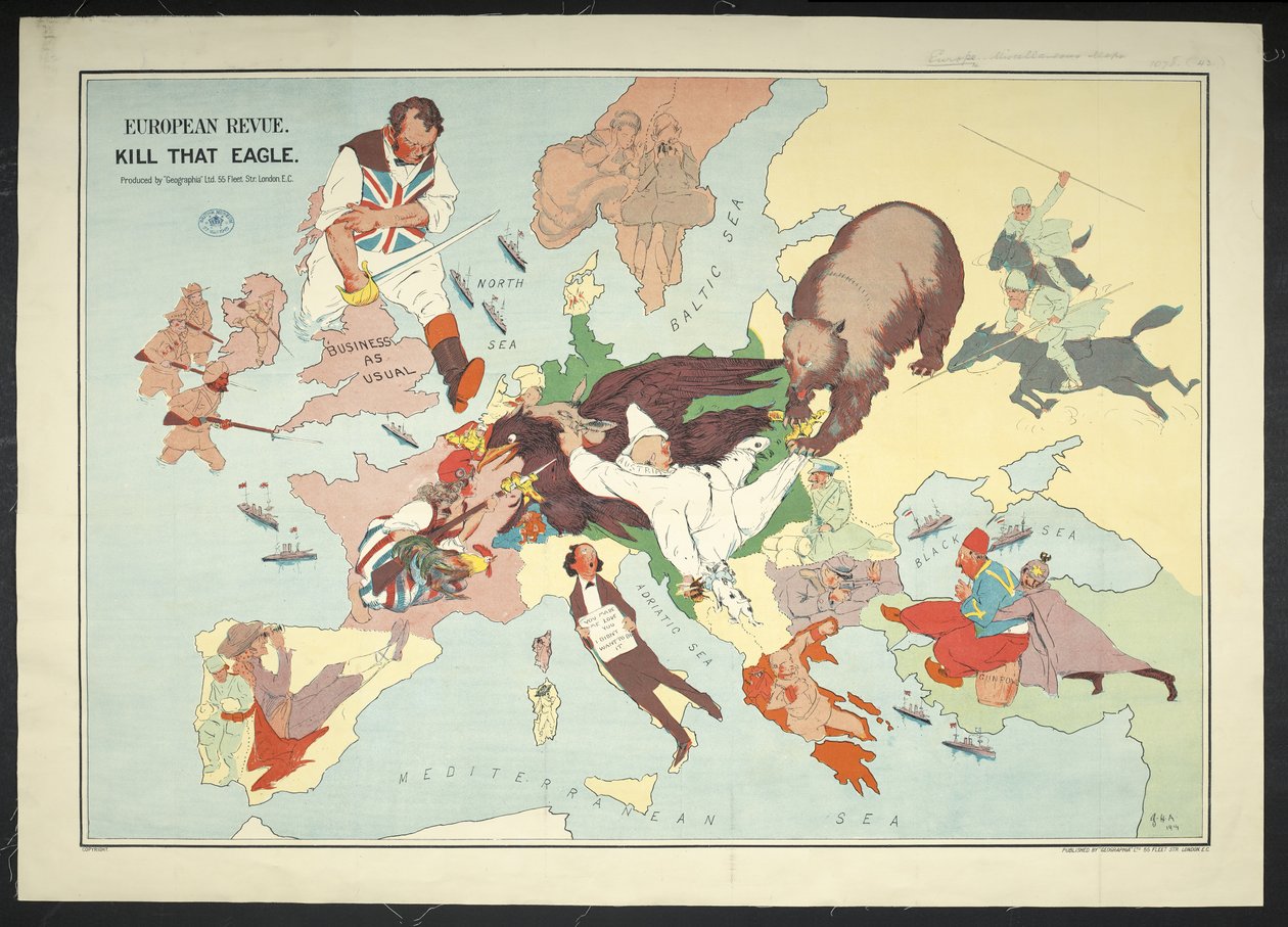 Rysunkowa mapa europejskiego obszaru działań wojennych zatytułowana „Europejska rewia zabij tego orła” autorstwa J. H. Amschewitz