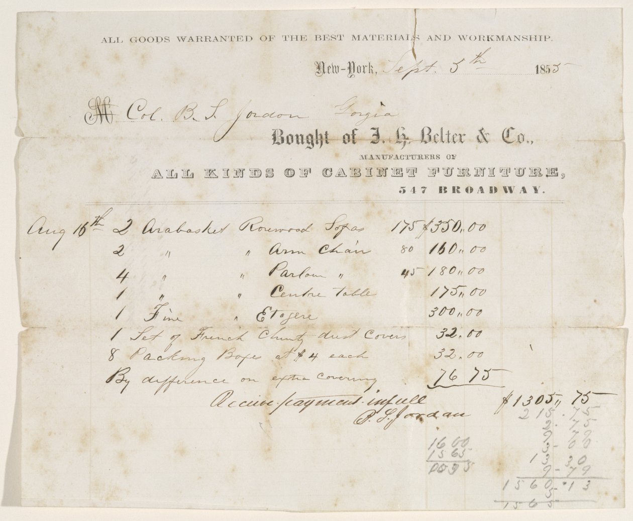 Rachunek sprzedaży do pułkownika B.S. Jordana, 5 września 1855 (atrament na papierze) autorstwa J. H. Belter and Co. J. H. Belter and Co.