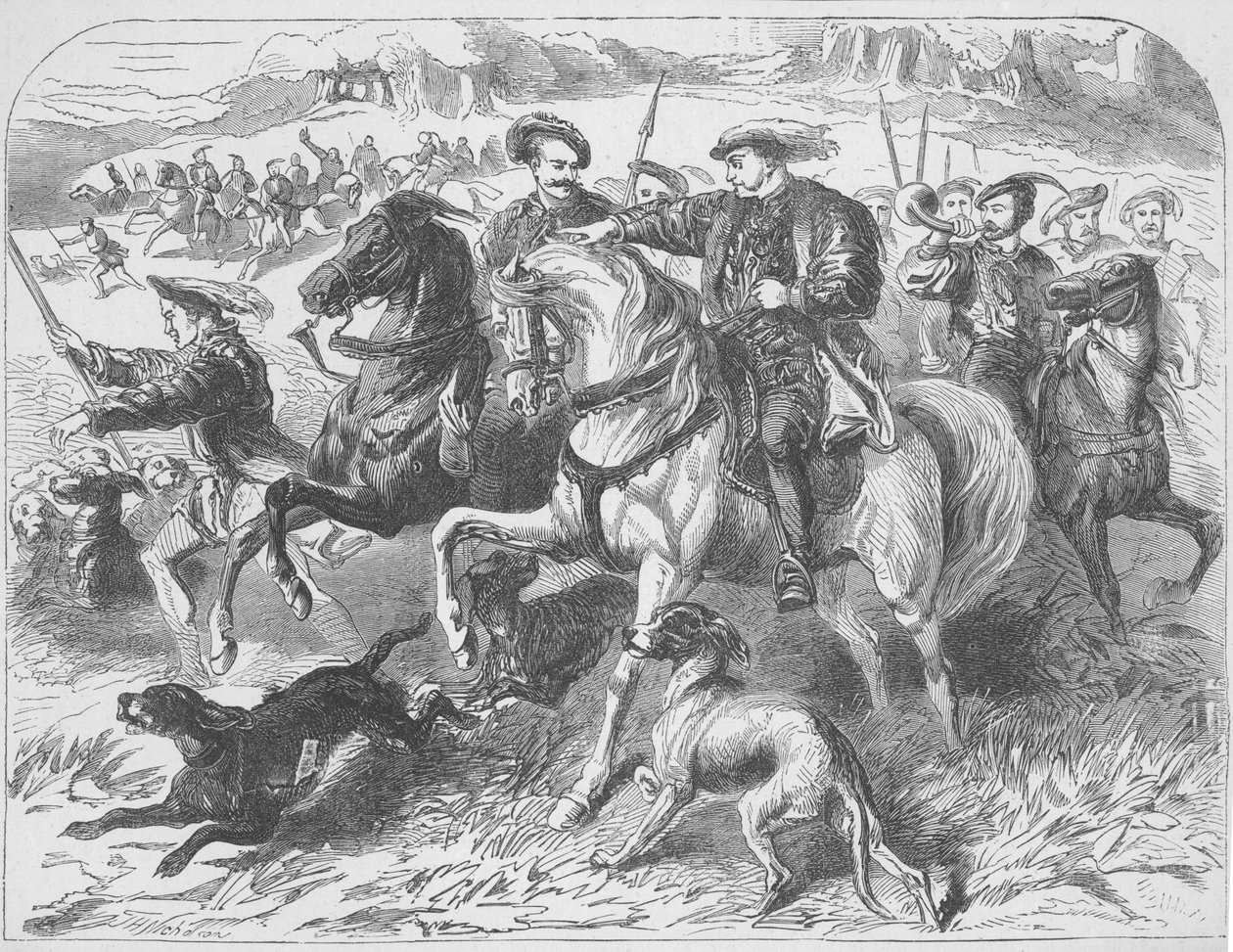 Henryk VIII na królewskim polowaniu w Epping Forest w dniu egzekucji Anny Boleyn (druk) autorstwa J. H. Nicholson
