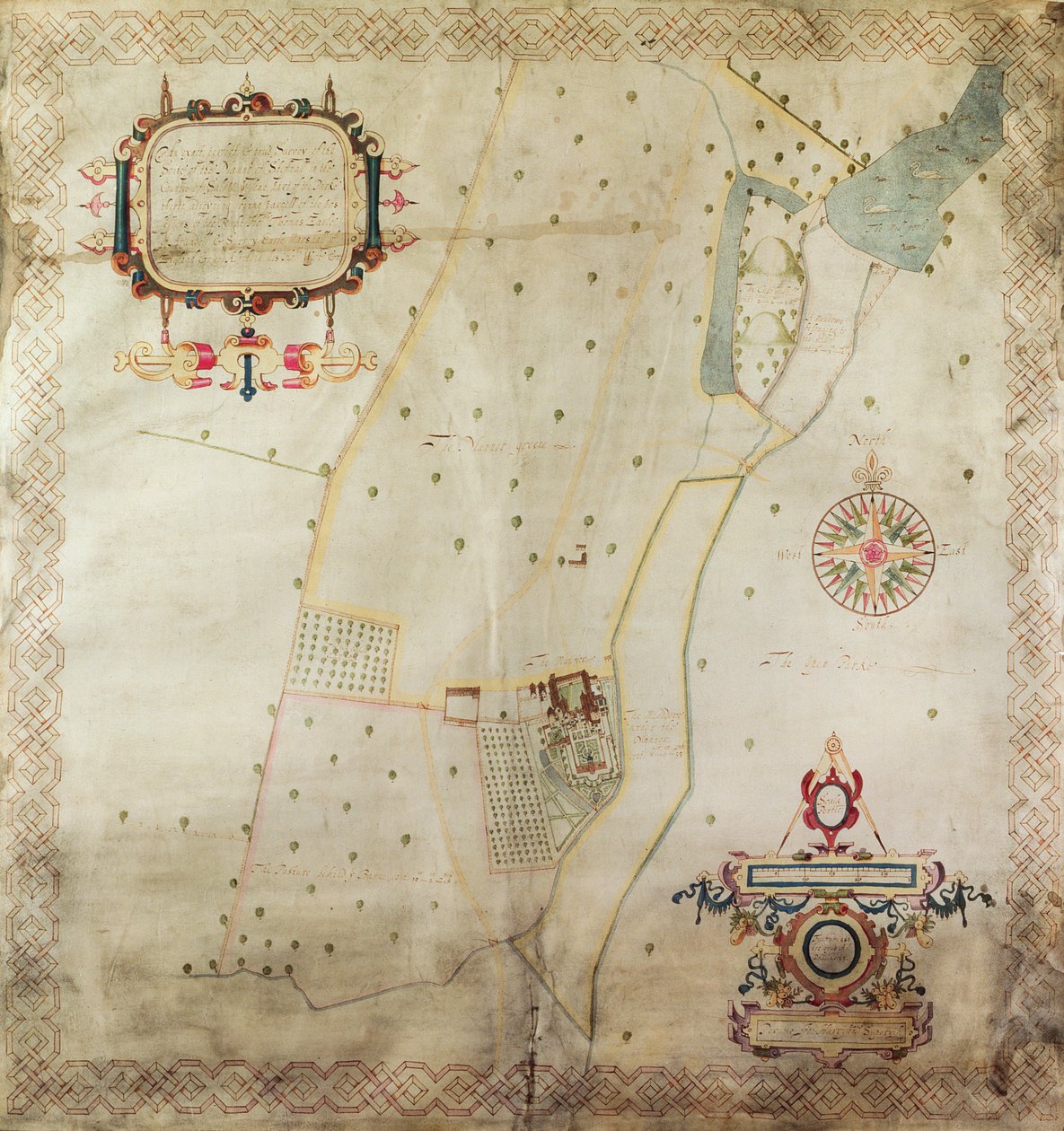 Mapa posiadłości Shifnal, Shropshire, 1635 (tusz i kolor na papierze welinowym) autorstwa J. Harrison