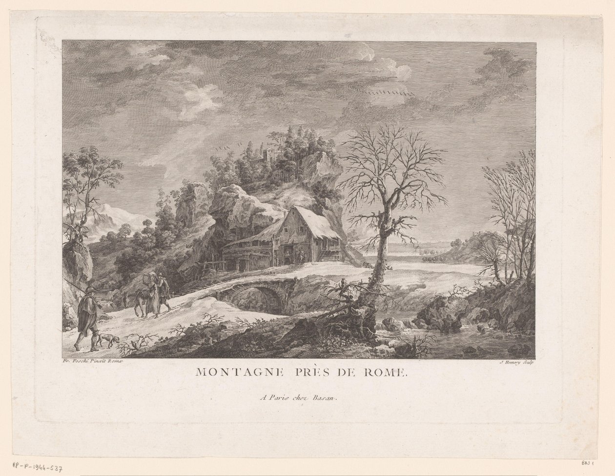 Widok domu przy moście z postaciami Montagne près de Rome (tytuł na obiekcie) autorstwa J. Hémery