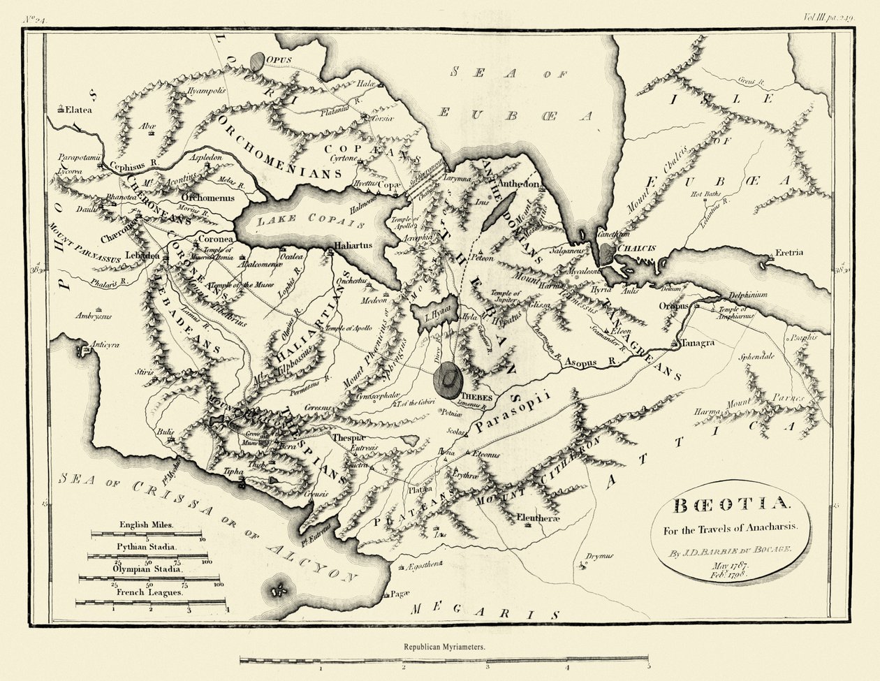 Mapa starożytnej Beocji autorstwa J. J. Barthélemy