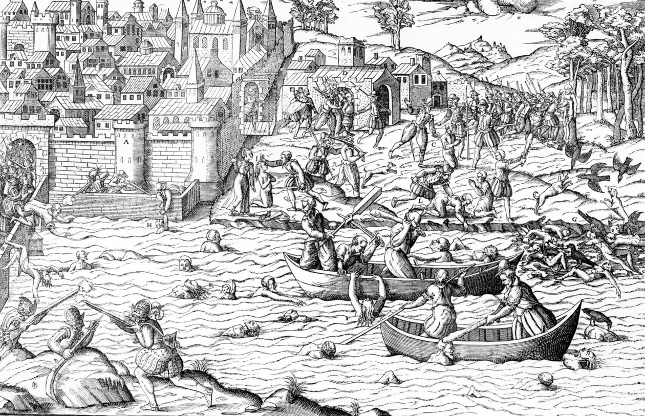 Masakra w Tours, z filmu "Les Guerres de Religion autorstwa J. J. & Tortorel J. (fl.1568-92) Perrissin