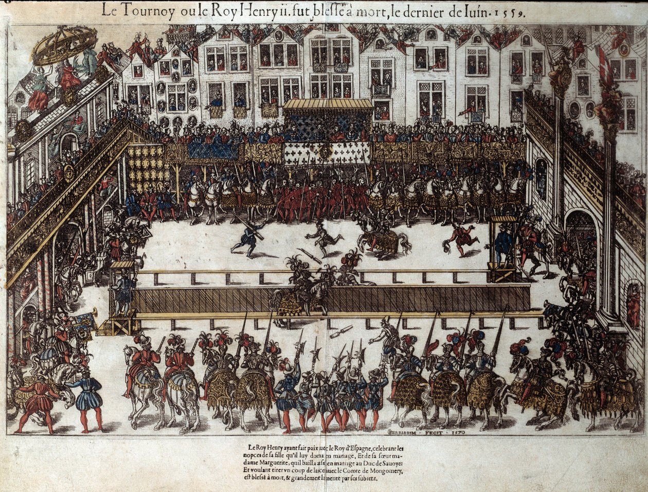 Turniej i śmierć Henryka II (30 czerwca 1559): na weselu córki (obecnie place des vosges) walczył z Gabrielem de Montgomery, kapitanem swojej gwardii szkockiej, który rani go włócznią w oko. Grawerowanie XVI wieku autorstwa Pe autorstwa J. J. and Tortorel J. (fl.1568 92) Perrissin
