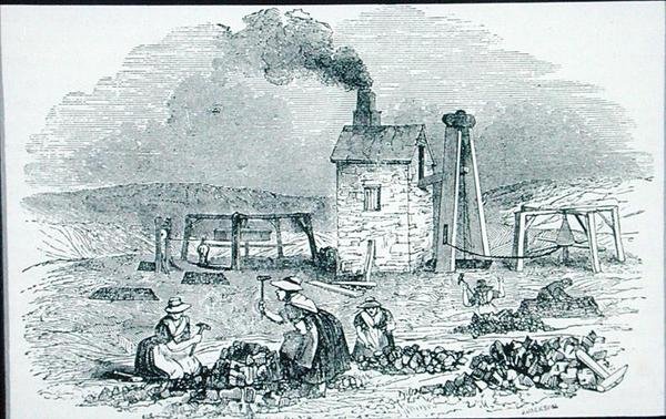 Łamanie i sortowanie rud miedzi z „Cyklopedii użytecznych sztuk i manufaktur”, pod redakcją Charlesa Tomlinsona, ok. 1880 r. (rycina) autorstwa J. Jackson