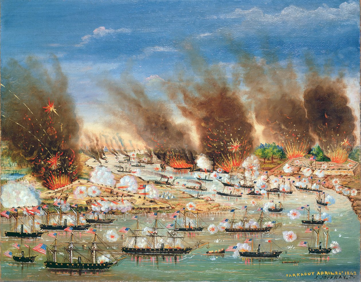 Flota Farragutów mijająca Fort Jackson i Fort St. Philip, 1862 autorstwa J. Joffray