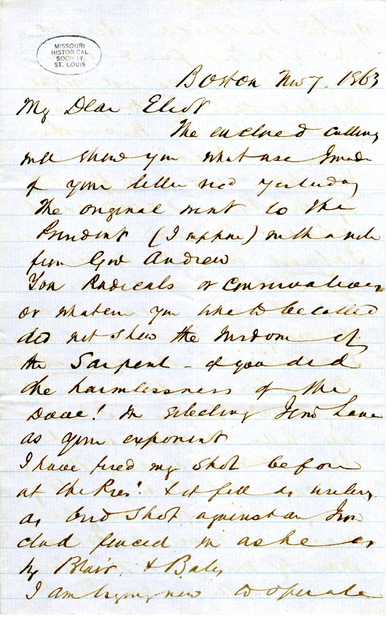 List podpisany J.M.F. [J.M. Forbes], Boston, do Eliota [William G. Eliot], 7 listopada 1863 autorstwa J. M. Forbes