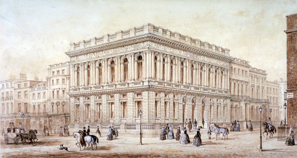 Widok klubu armii i marynarki wojennej na Pall Mall, Westminster, Londyn, c1853 autorstwa J Marchant
