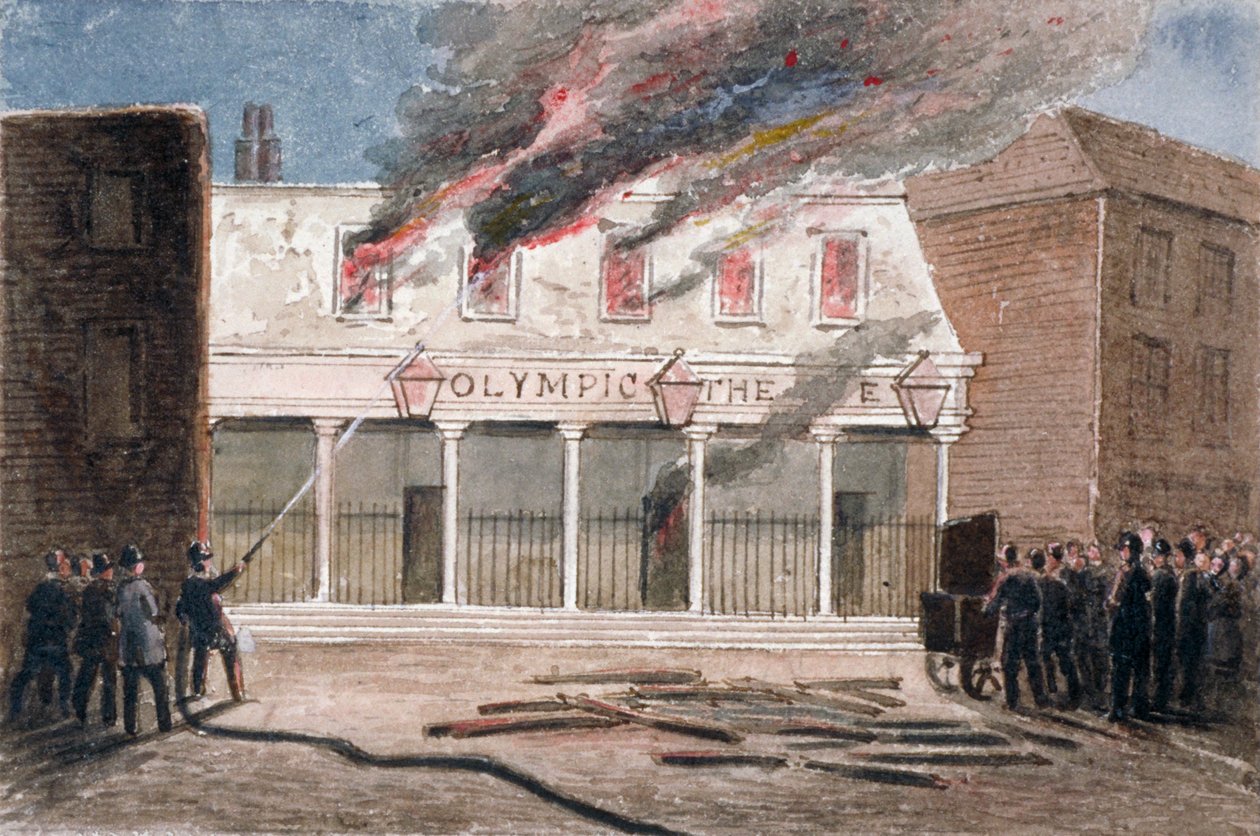 Pożar w Teatrze Olimpijskim, Wych Street, Westminster, Londyn, 1849 autorstwa J Maund