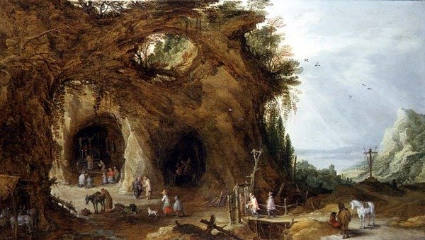 Pielgrzymi przy sanktuarium w górskim krajobrazie (olej na płycie) autorstwa J. and Momper J. de Brueghel