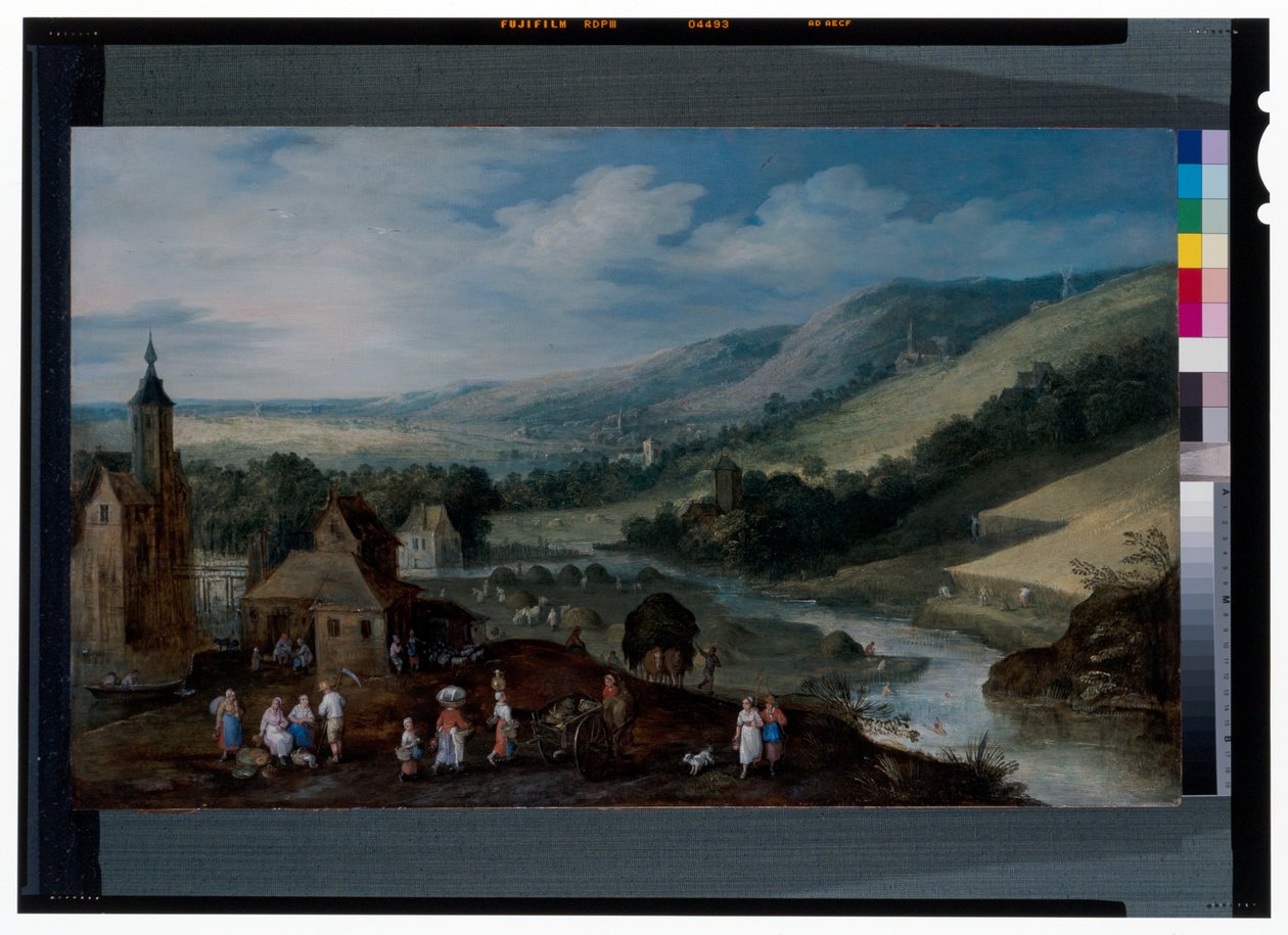 Rozległy krajobraz rzeczny z chłopami zbierającymi żniwa autorstwa J. & Momper J. de (1564 1635) Brueghel