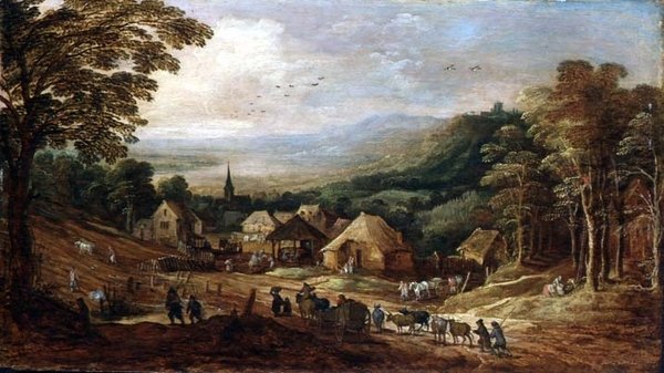 Jesienny pejzaż z chłopami autorstwa J. and Momper J. de Brueghel