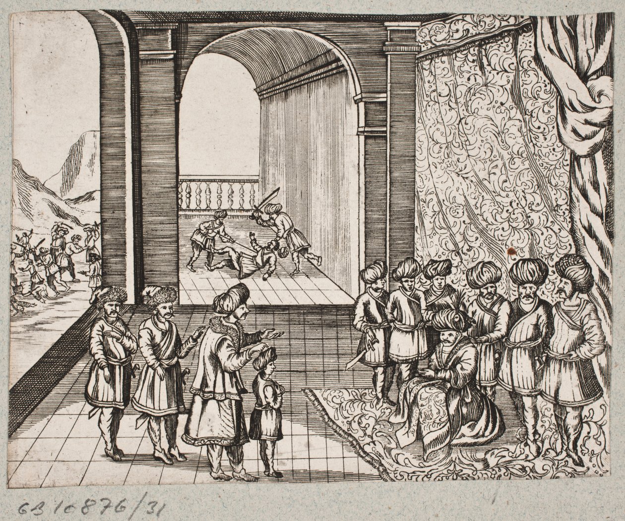 Ilustracja do Adama Oleariusa, „Perski Rosenthal genialnego poety Schicha Saadi […]”, Szlezwik 1660 autorstwa J. Muller