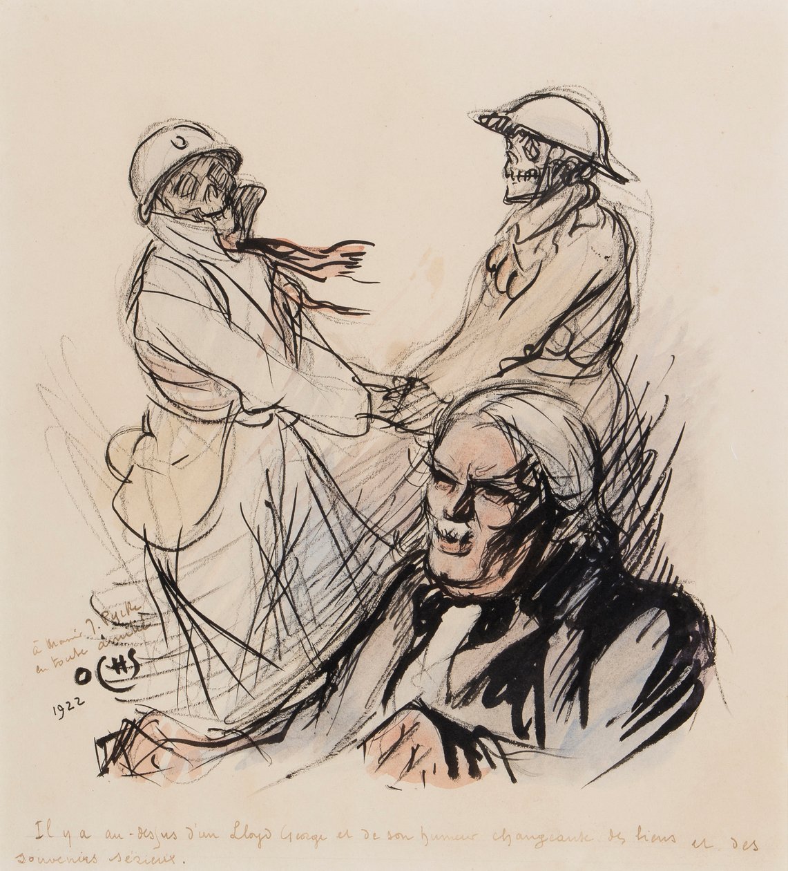 Lloyd George nadal gra w les lieus et les pamiątki serieux z I wojny światowej w 1922, 1922 (pióro, pędzel, atrament i toaleta na papierze) autorstwa J. Ochs