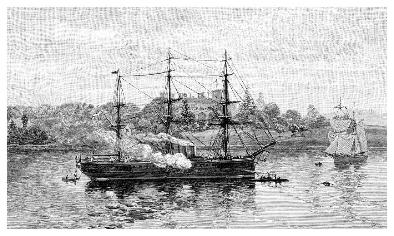 Dom rządowy i HMS Nelson, Sydney, Nowa Południowa Walia, Australia, 1886. autorstwa J. R. Ashton