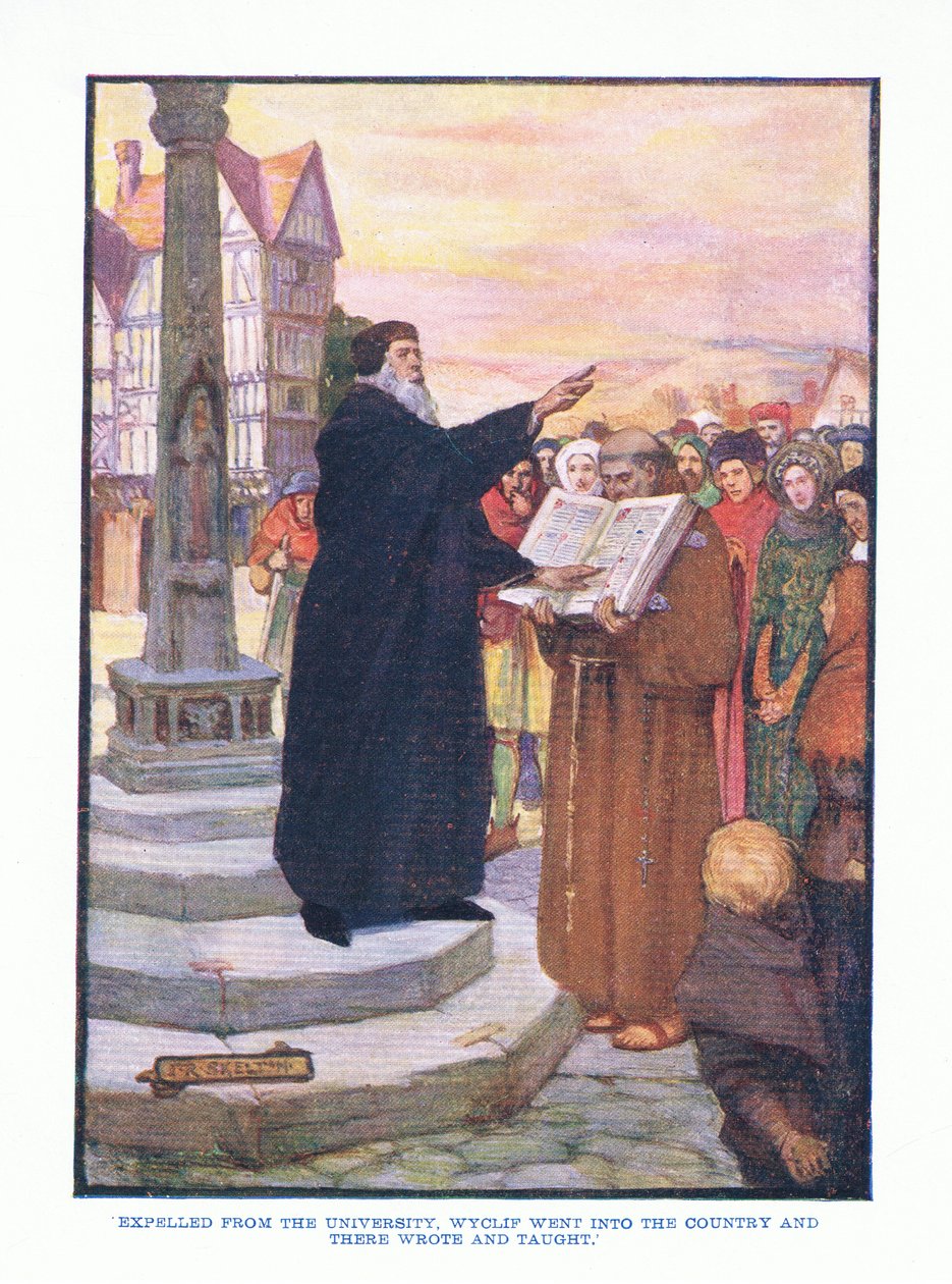 Wyrzucony z uniwersytetu, Wyclif udał się do kraju i tam pisał i nauczał, z publikacji English Literature przez TC i EC Jacka, ok.1920 autorstwa J. R. Skelton