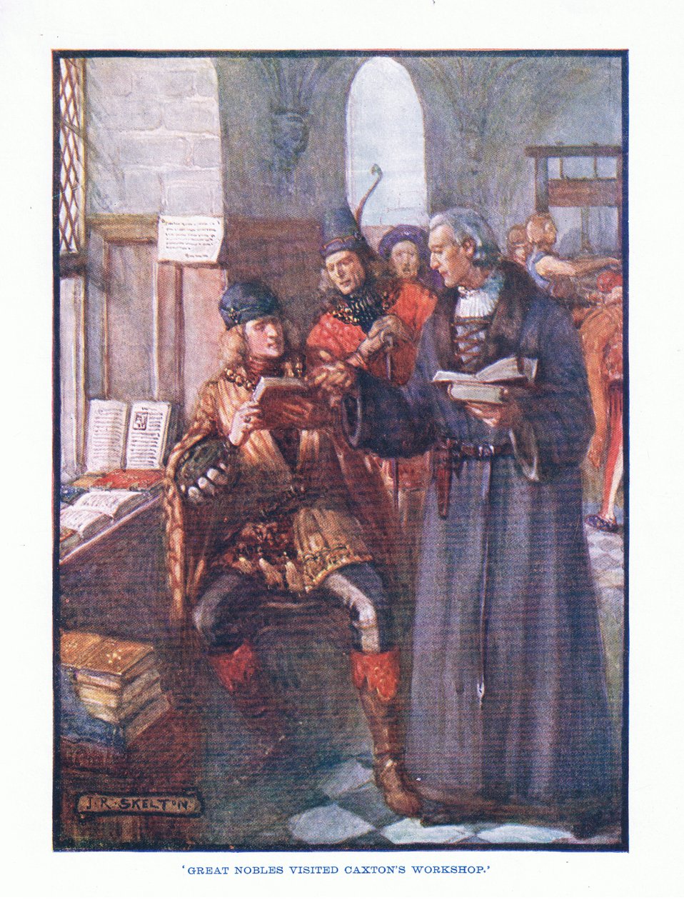 Wielcy szlachcice odwiedzili warsztat Caxtons, z publikacji literatury angielskiej, T C i EC Jack, c.1920 autorstwa J. R. Skelton