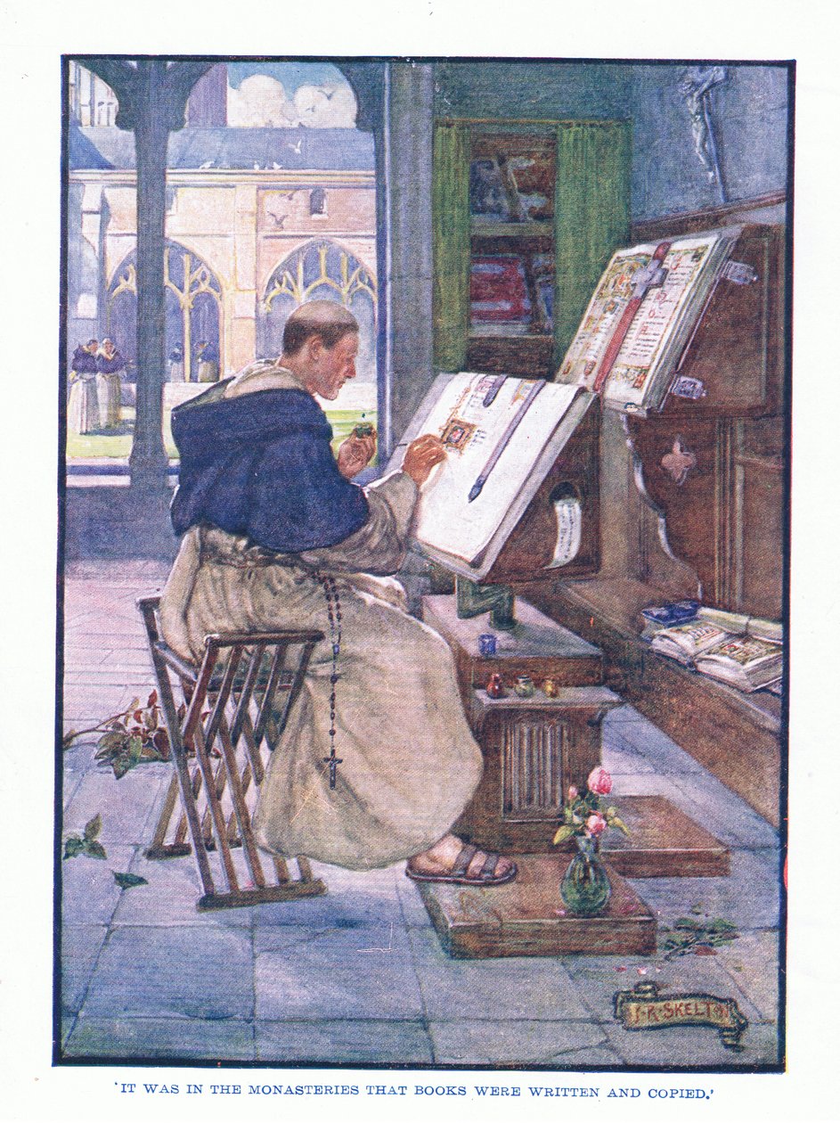 To właśnie w klasztorach pisano i kopiowano książki, z wydawnictwa Literatura angielska wydana przez TC i EC Jacka, c.1920 autorstwa J. R. Skelton