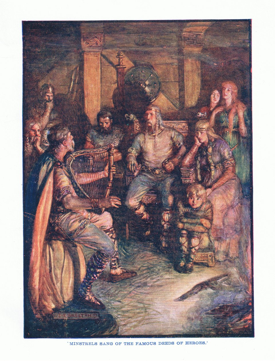 Minstrele śpiewali o słynnych czynach bohaterów, z wydawnictwa Literatura angielska wydana przez T C i EC Jacka, c.1920 autorstwa J. R. Skelton