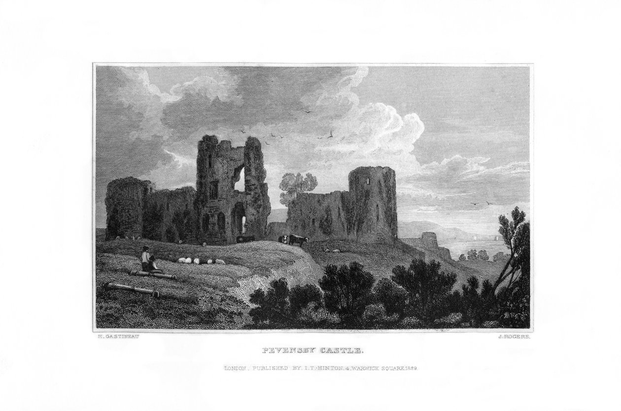 Zamek Pevensey, Pevensey, East Sussex, 1829. autorstwa J. Rogers