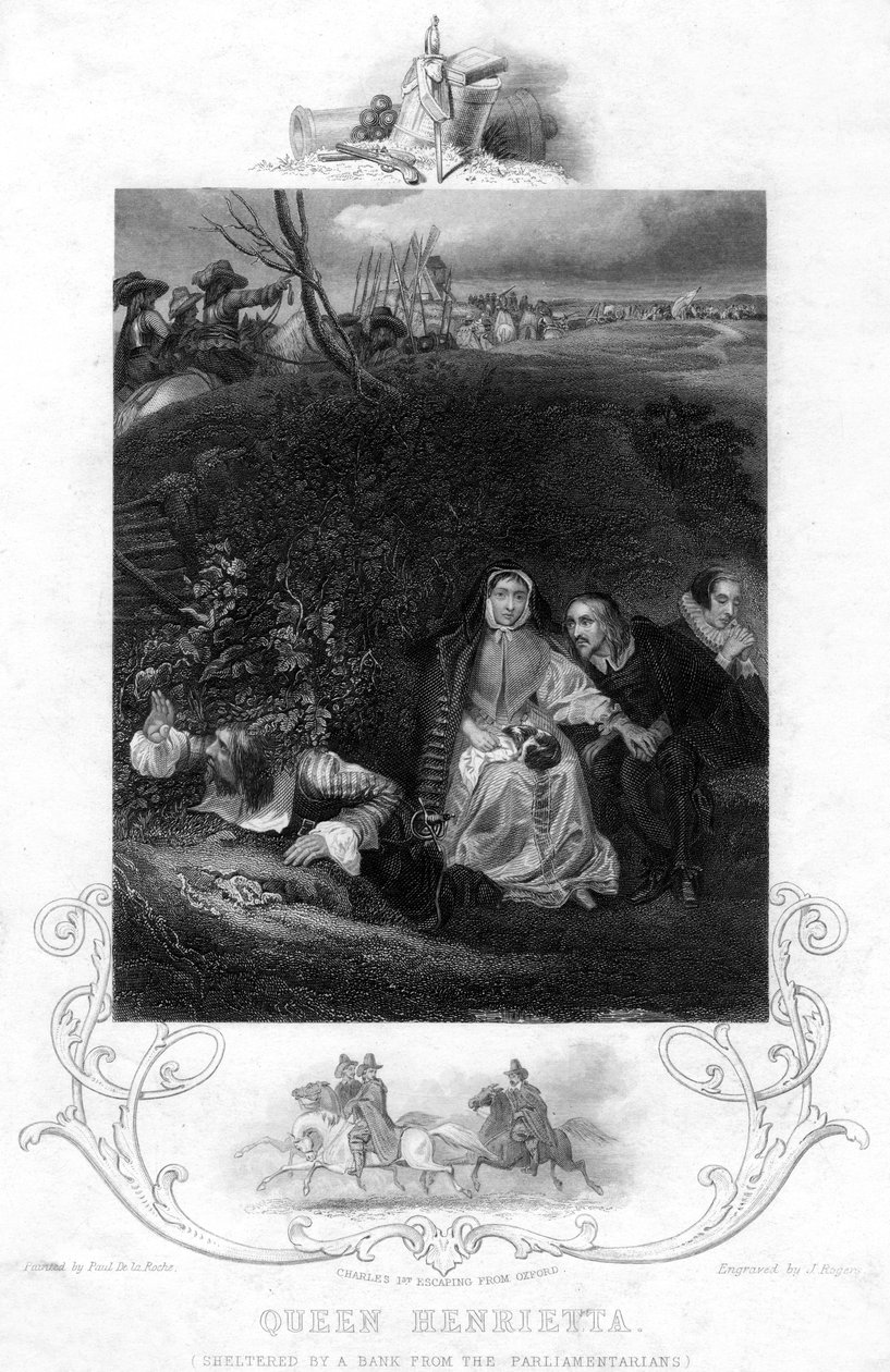 Królowa Henrietta, schronienie przy banku przed parlamentarzystami, XIX w. autorstwa J. Rogers