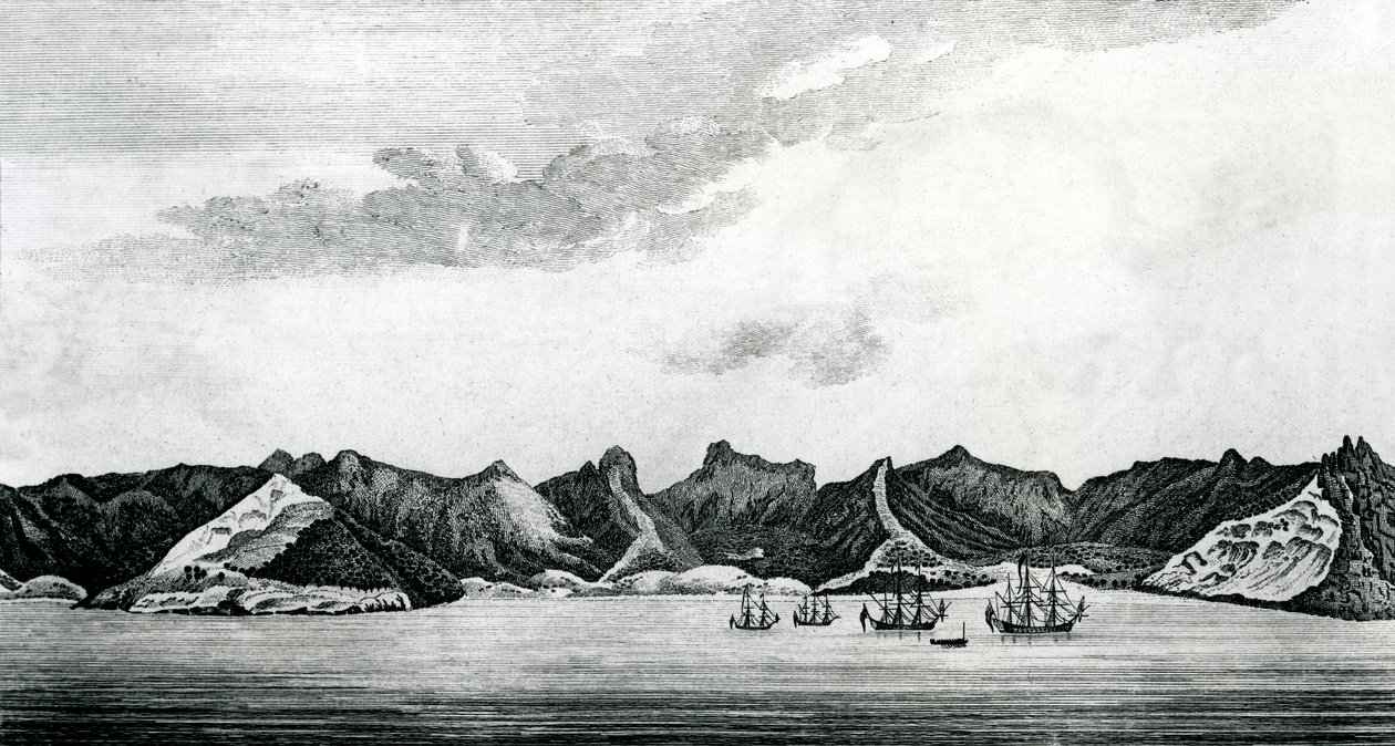 Widok na zatokę Cumberland Bay na wyspie Juan Fernandes, ok. 1745 (rycina) autorstwa J. S. Mason