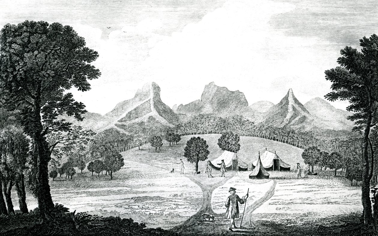 Widok namiotu Commodore na wyspie Juan Fernandes, ok. 1745 (rycina) autorstwa J. S. Mason
