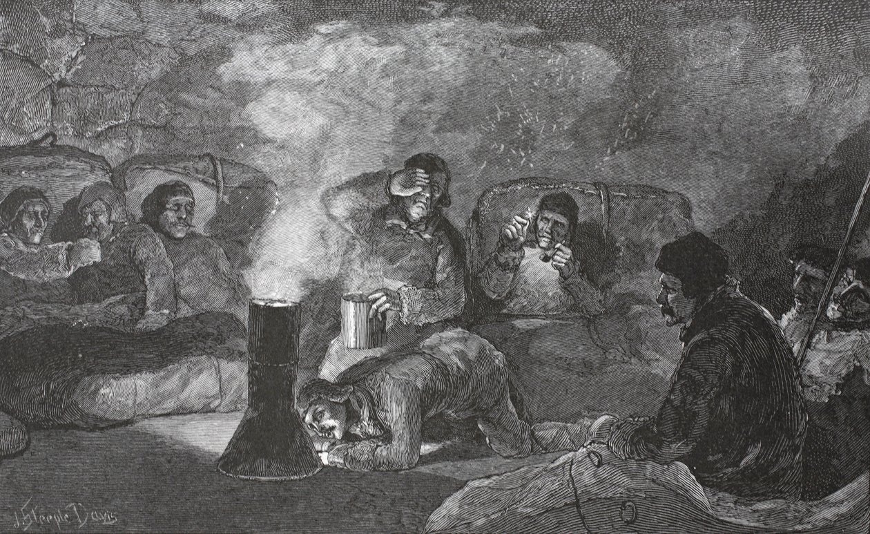 Wnętrze naszej Zimowej Chaty w Camp Clay, podczas gotowania, 1883 pub. Londyn 1886 autorstwa J. Steeple Davis