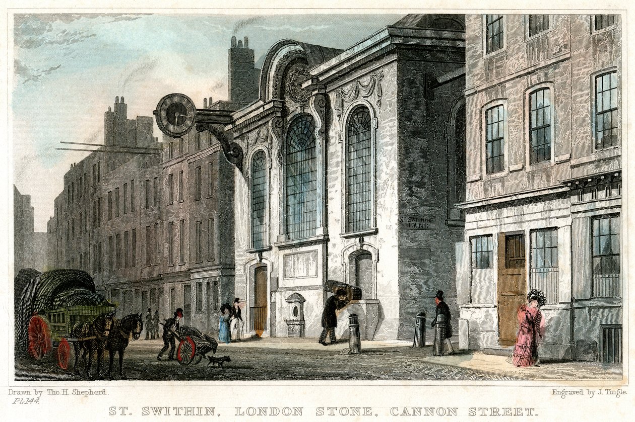 Kościół św. Swithina i kamień londyński, Cannon Street, City of London, c1830. autorstwa J. Tingle