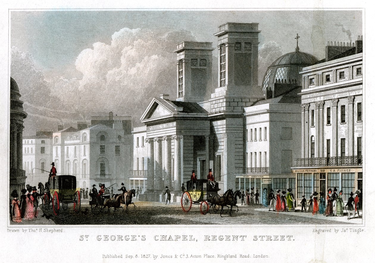 Kaplica św. Jerzego, Regent Street, Westminster, Londyn, 1827 r. autorstwa J. Tingle