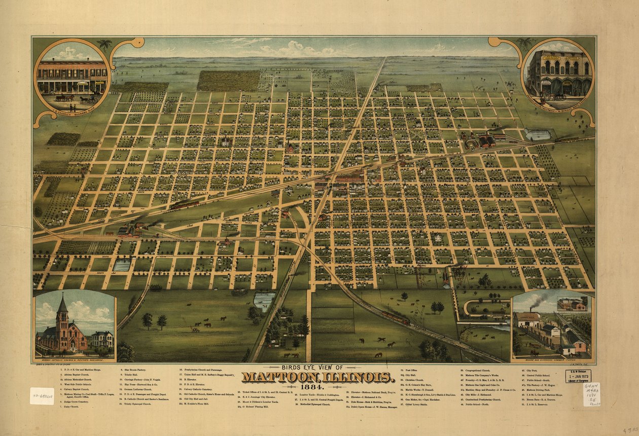 Widok z lotu ptaka na Mattoon, Illinois 1884. autorstwa J. W. Shober and Carqueville Smith