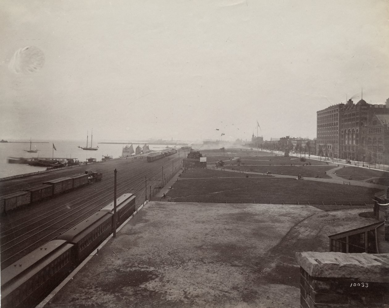 Widok na południe od Michigan Avenue od zachodniej strony torów Illinois Central Railroad, Chicago, ok. 1890 r autorstwa J. W. Taylor