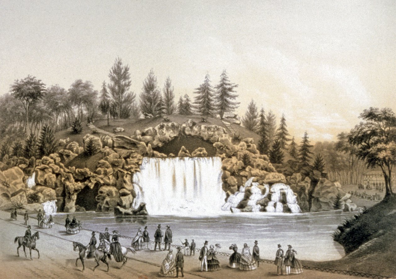 Wodospad Bois de Boulogne, ok. 1860 r. (litografia) autorstwa J. Walter
