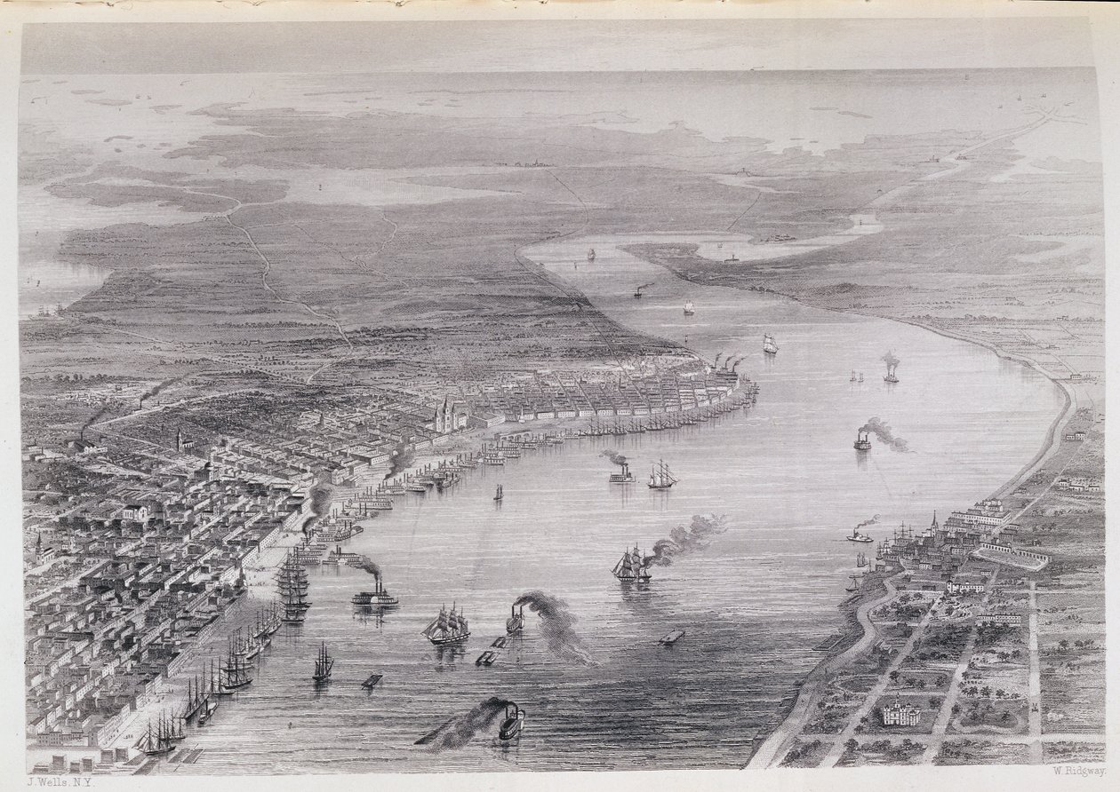 Nowy Orlean z lotu ptaka, z „Historii Stanów Zjednoczonych”, tom. II, Charles Mackay, ryty W. Ridgeway, c.1830 autorstwa J. Wells
