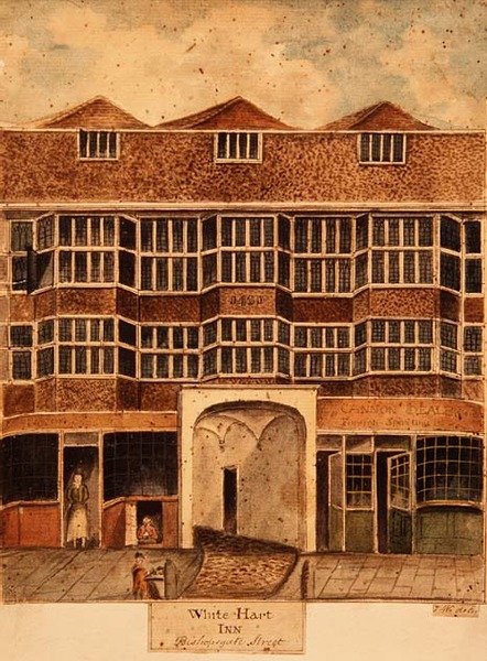 Zajazd White Hart, ulica Bishopsgate, ok. 1810 r. autorstwa J. Williams