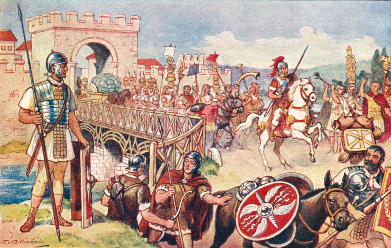 Imperium Rzymskie - kolumna żołnierzy posuwająca się przez most. autorstwa J. Williamson