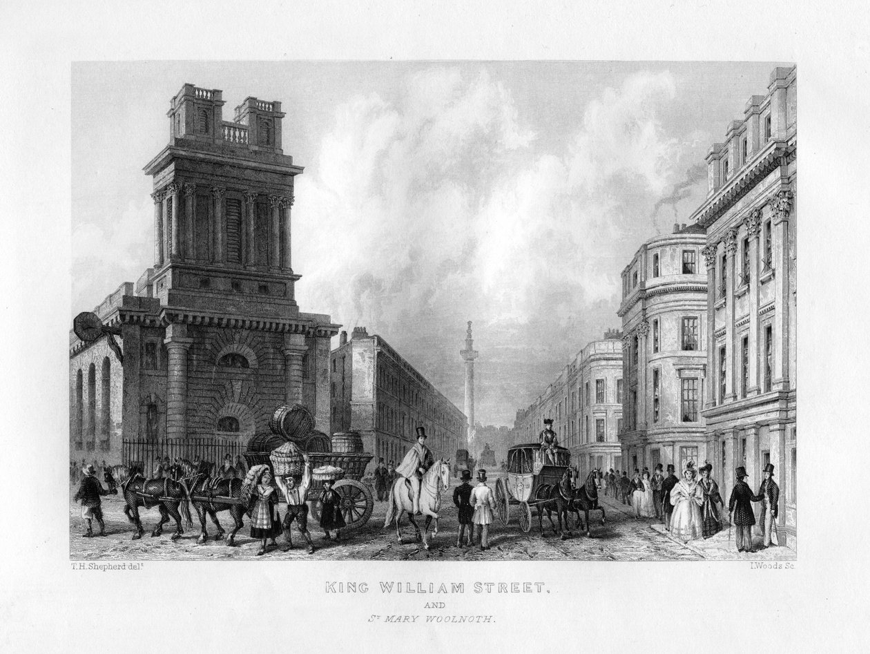 King William Street i St Mary Woolnoth, Londyn, XIX wiek. autorstwa J. Woods