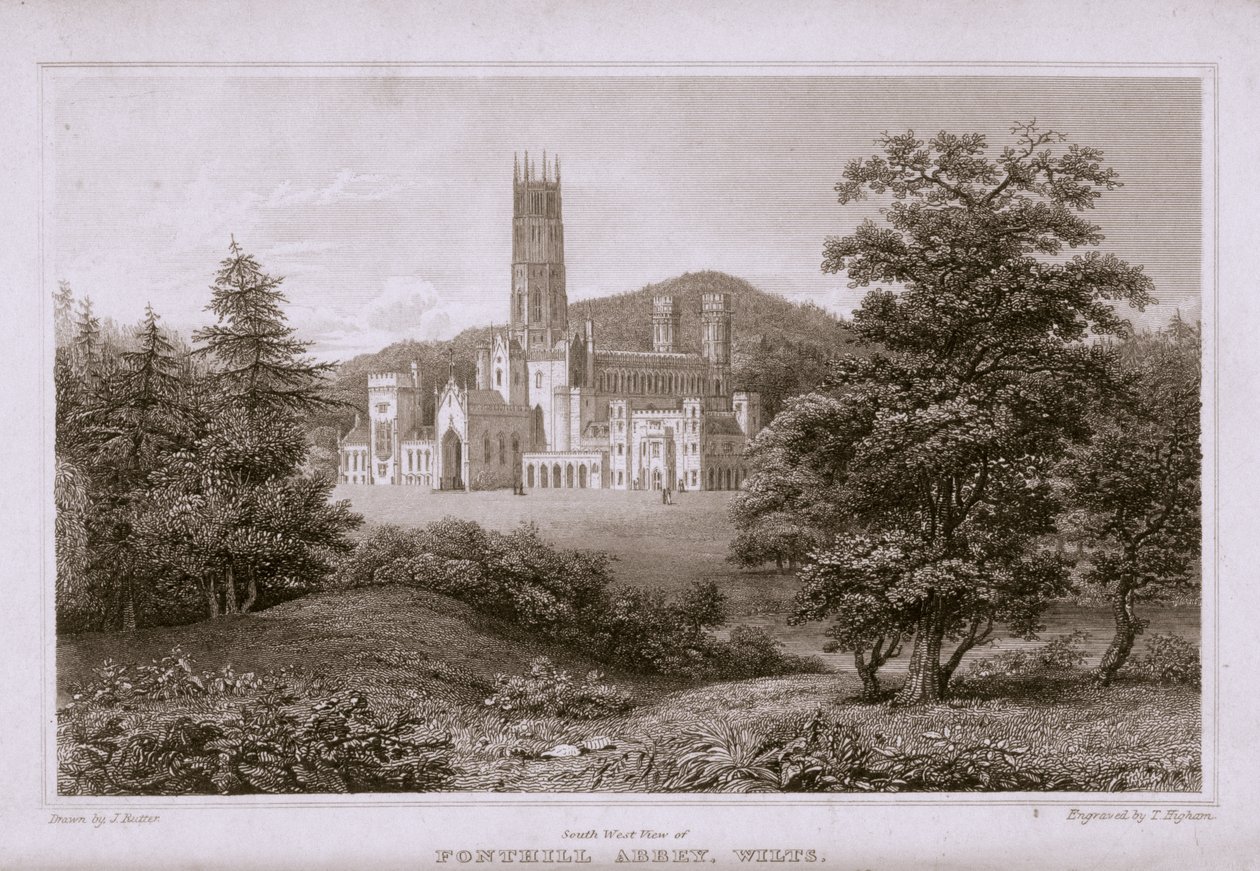 Widok południowo-zachodni opactwa Fonthill, ryty T. Higham, 1823 autorstwa J. after Rutter