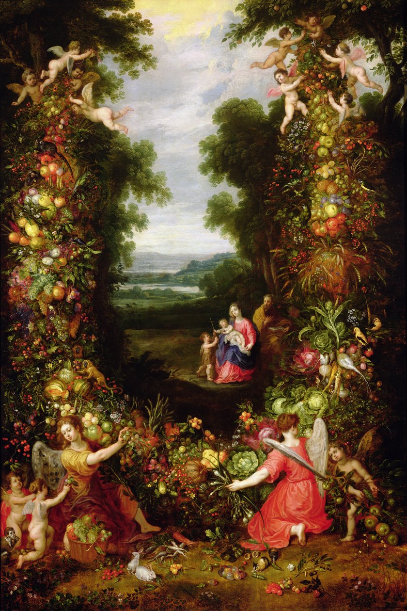 Święta Rodzina w pejzażu z girlandą owoców i warzyw (panel) autorstwa J. and Avont, P. van Brueghel