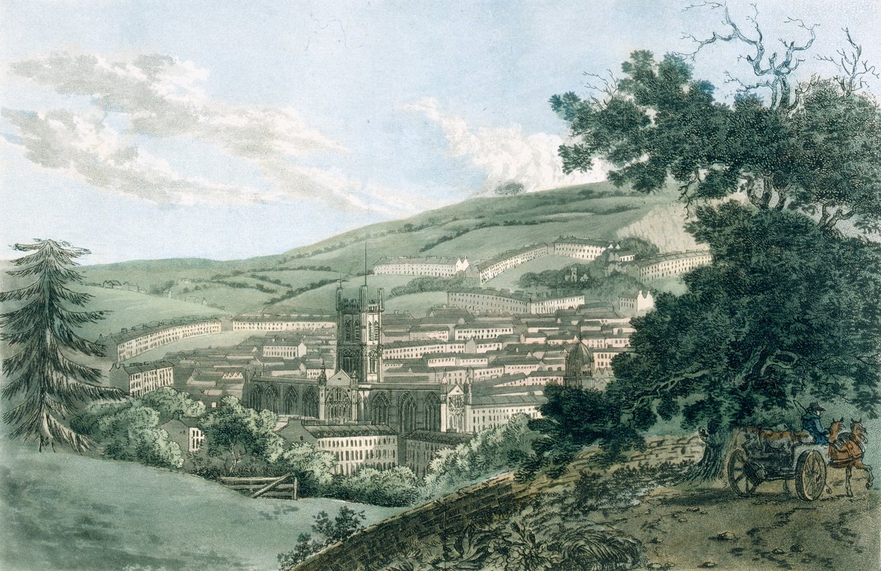 Bath, z prywatnej drogi prowadzącej do Prior Park, z „Malowniczego przewodnika po Bath, Bristol Hot-Wells, the River Avon and the Adjacent Country”, opublikowanej w 1793 r. (akwatinta kolorowa) autorstwa J. and Ibbetson, J.C. Hassell