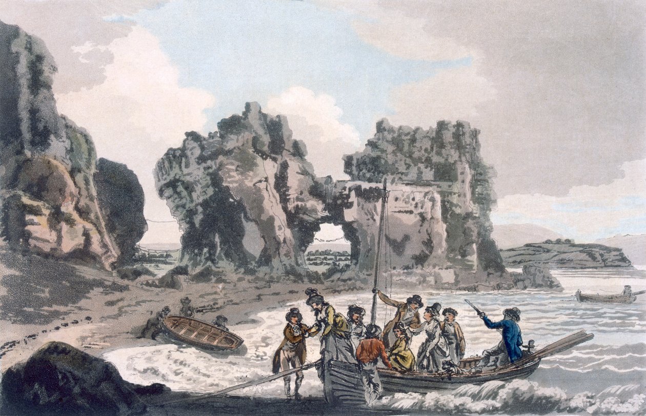 Widok na Castle Rock, z miejsca lądowania na Flat Holmes, z Malowniczego przewodnika po Bath, Bristol Hot-Wells, River Avon and the Adjacent Country, opublikowanego 1793 (akwatinta kolorowa) autorstwa J. and Ibbetson, J.C. Hassell