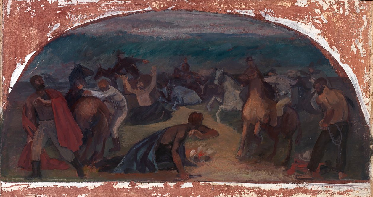 Złodzieje bydła zaskoczeni studium ściennym Posse, Burns, Oregon Post Office, 1941. autorstwa Jack Wilkinson