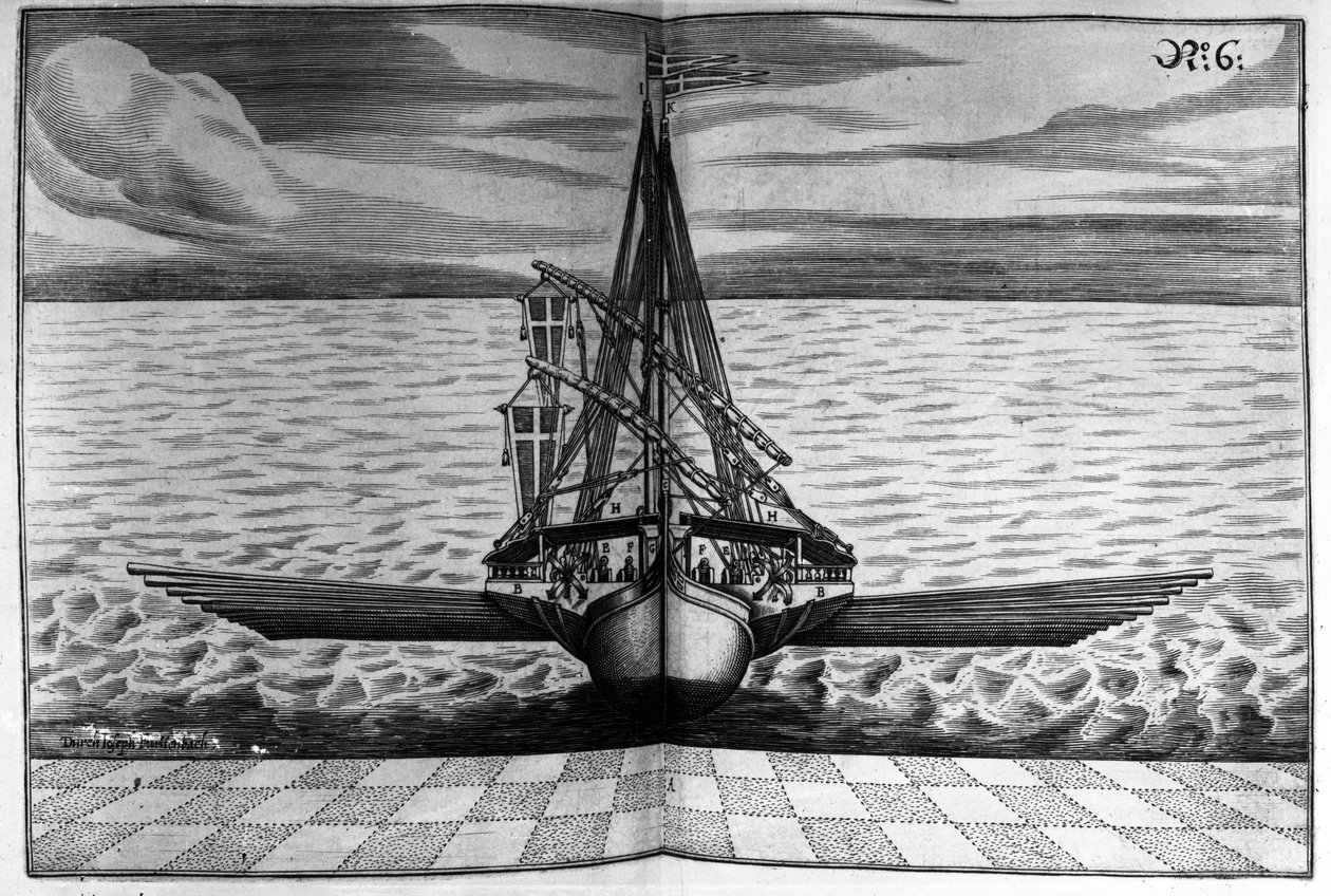 Widok z przodu okrętu wojennego z dwoma masztami, ilustracja z „Architectura Martialis” Josepha Furrtenbacha, opublikowana w 1629 r. autorstwa Jacob Custodis