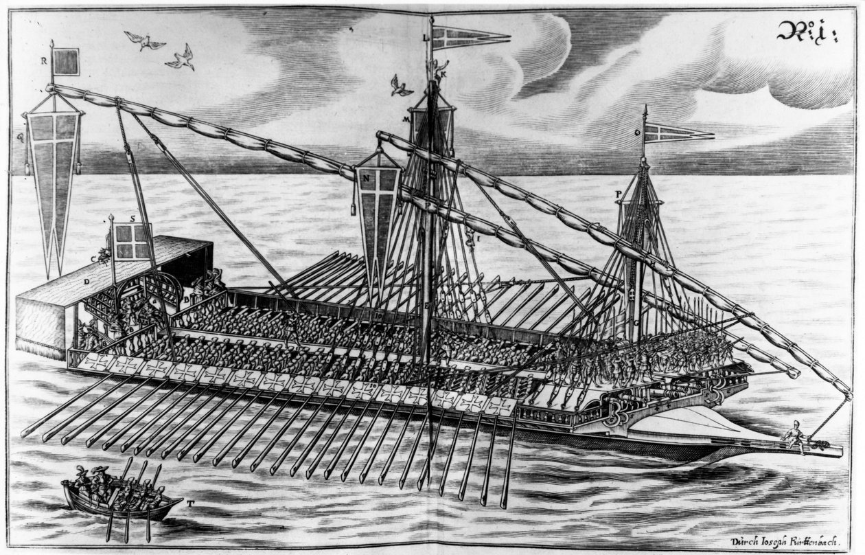 Okręt wojenny, ilustracja z „Architectura Martialis” Josepha Furrtenbacha, opublikowana w 1629 r. autorstwa Jacob Custodis