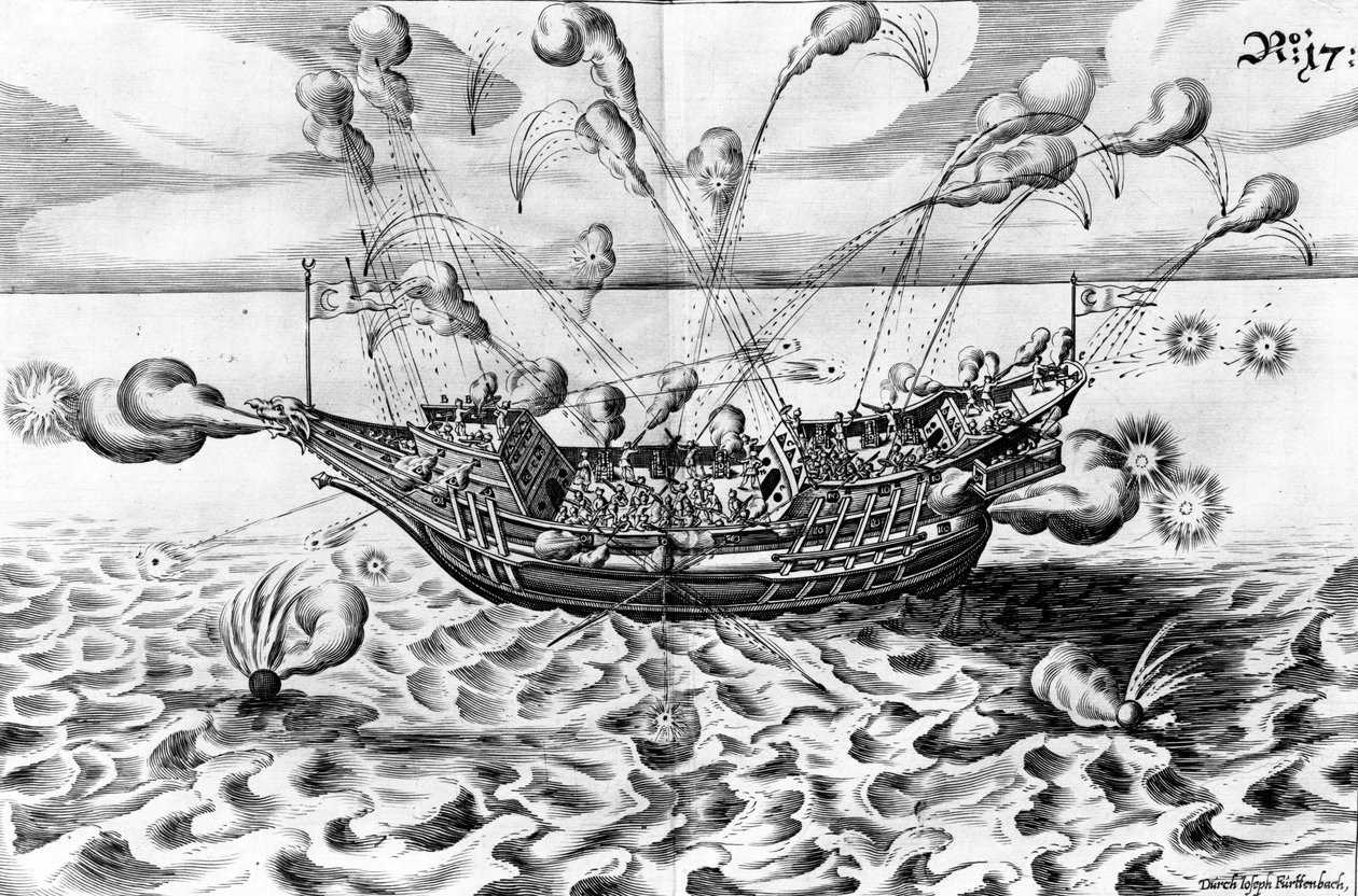 Okręt wojenny, ilustracja z „Architectura Martialis”, opublikowana w 1629 r. autorstwa Jacob Custodis