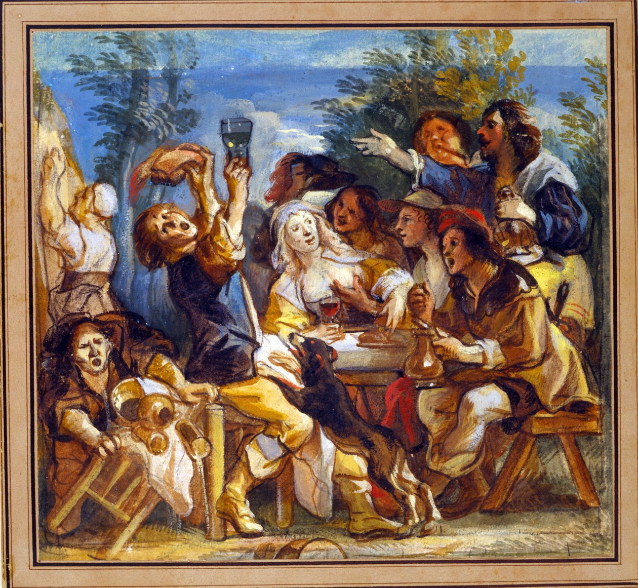 Impreza przy piciu poza karczmą (wc podwyższona bielą na papierze) autorstwa Jacob Jordaens