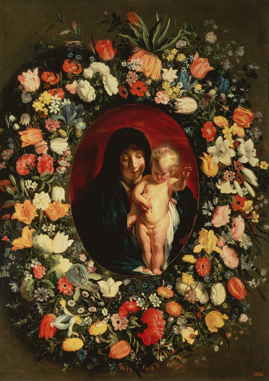 Madonna z Dzieciątkiem w wieńcu z kwiatów, ok.1618 autorstwa Jacob Jordaens