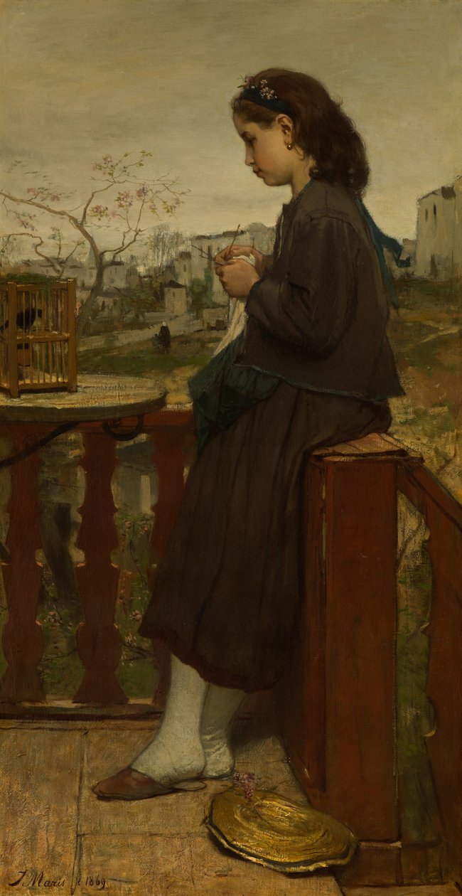 Dziewczyna robi na drutach na balkonie, Montmartre autorstwa Jacob Henricus or Hendricus Maris