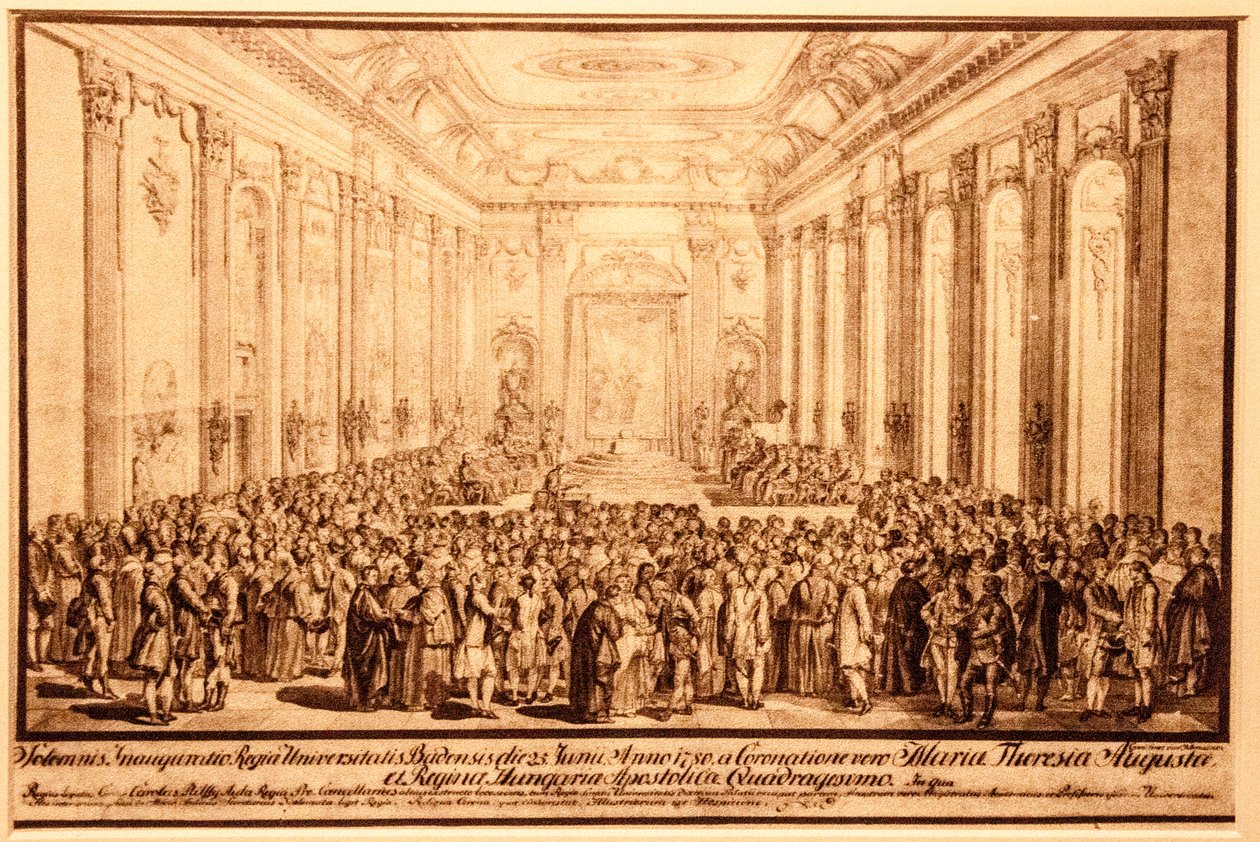 Uroczyste otwarcie uniwersytetu w reprezentacyjnej sali pałacu Buda, 25 czerwca 1780 autorstwa Jacob Mathias Schmutzer